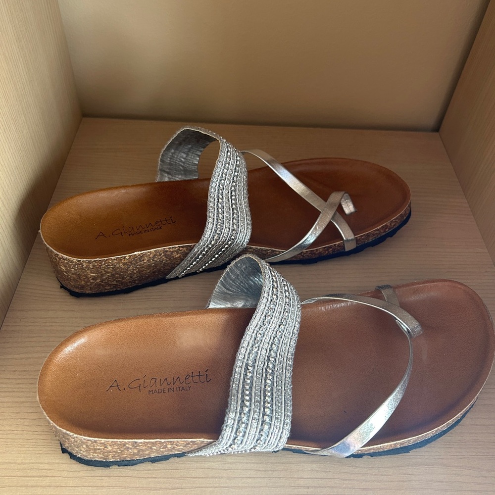 A. Giannetti Silver & Rhinestone Cork Sandal